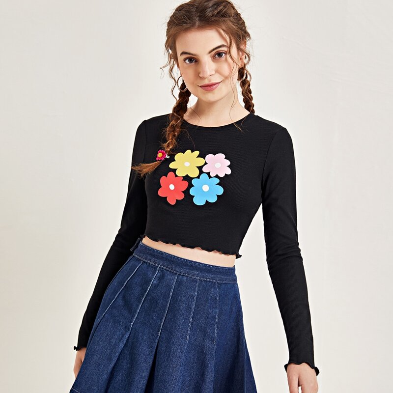 

Lettuce Trim Floral Print Top, Black