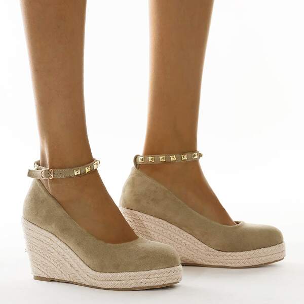 

Studded Decor Ankle Strap Court Wedges, Khaki