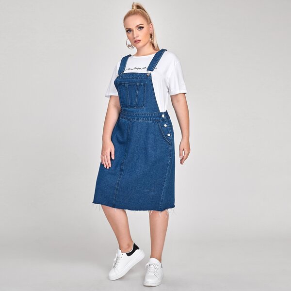 

Plus Slant Pocket Raw Hem Overall Denim Dress, Medium wash