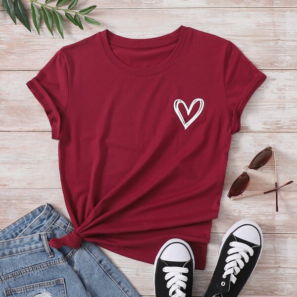 

Heart Print Crew Neck Tee, Burgundy