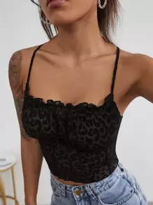 SHEIN Privé Lettuce Trim Ruched Bust Mesh Cami Top - Black - View 1