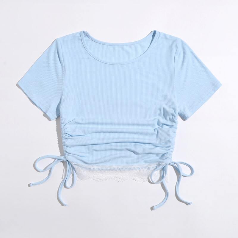 

Lace Trim Drawstring Crop Tee, Baby blue