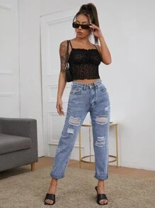 SHEIN Privé Lettuce Trim Ruched Bust Mesh Cami Top - Black - View 3