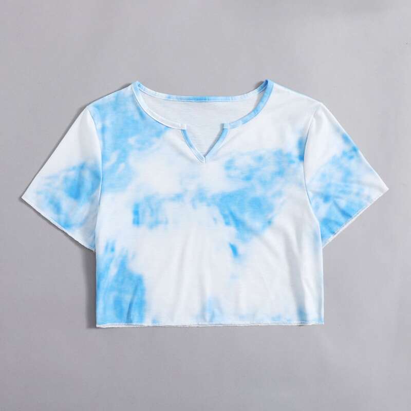 

Tie Dye Notched Crop Tee, Blue and white
