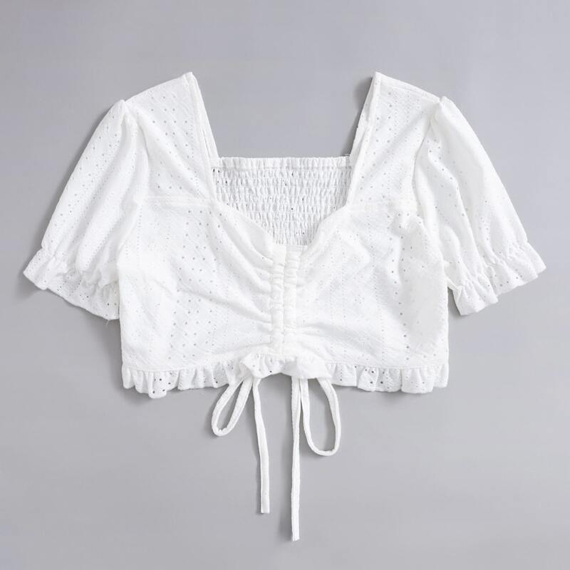 

Solid Drawstring Shirred Eyelet Embroidery Blouse, White