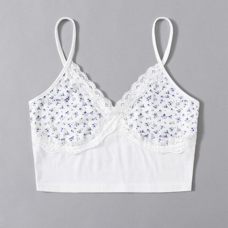 

Contrast Lace Ditsy Flower Crop Cami, Multicolor