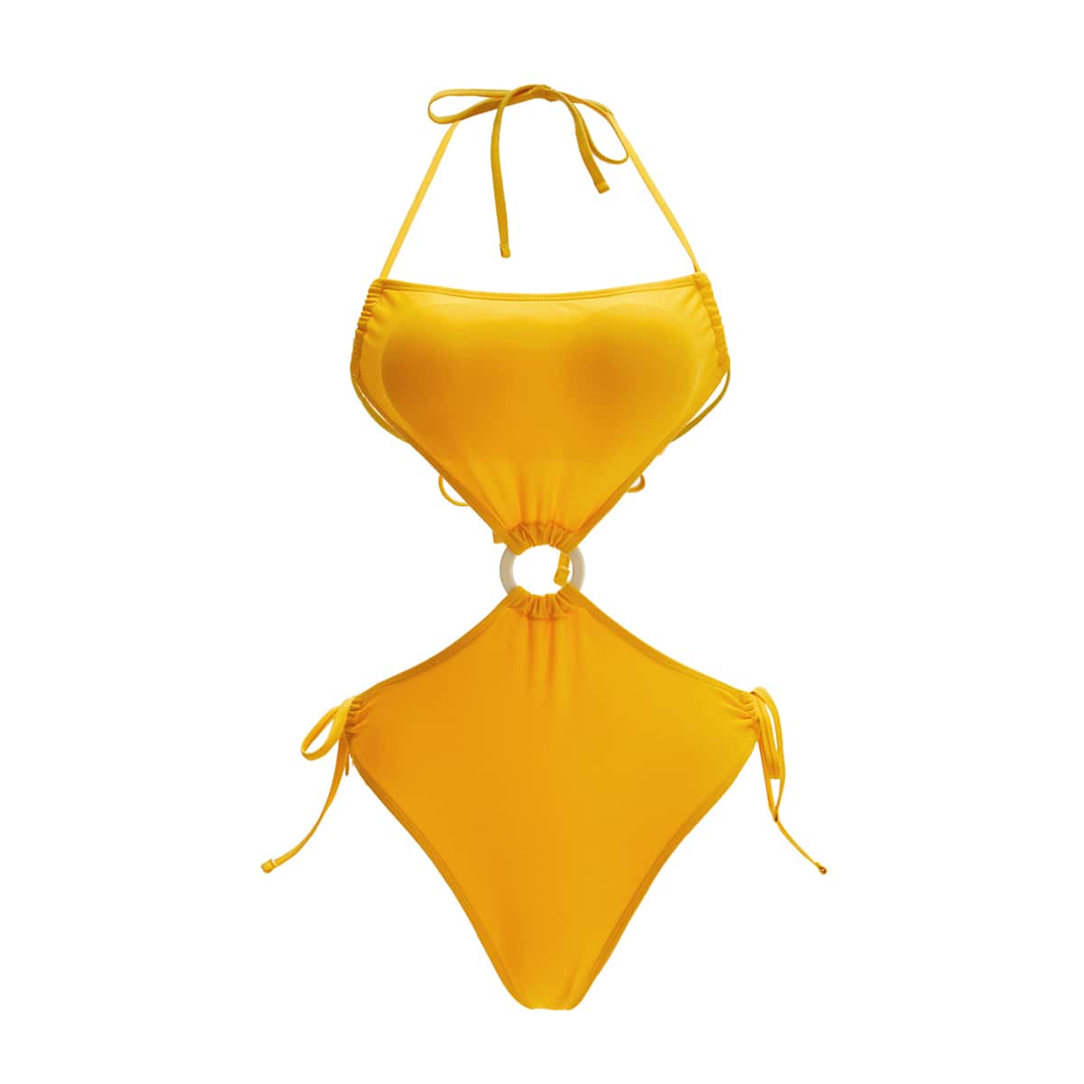 

Solid Ring Drawstring Cut Out One Piece Swimsuit, Mustard yellow