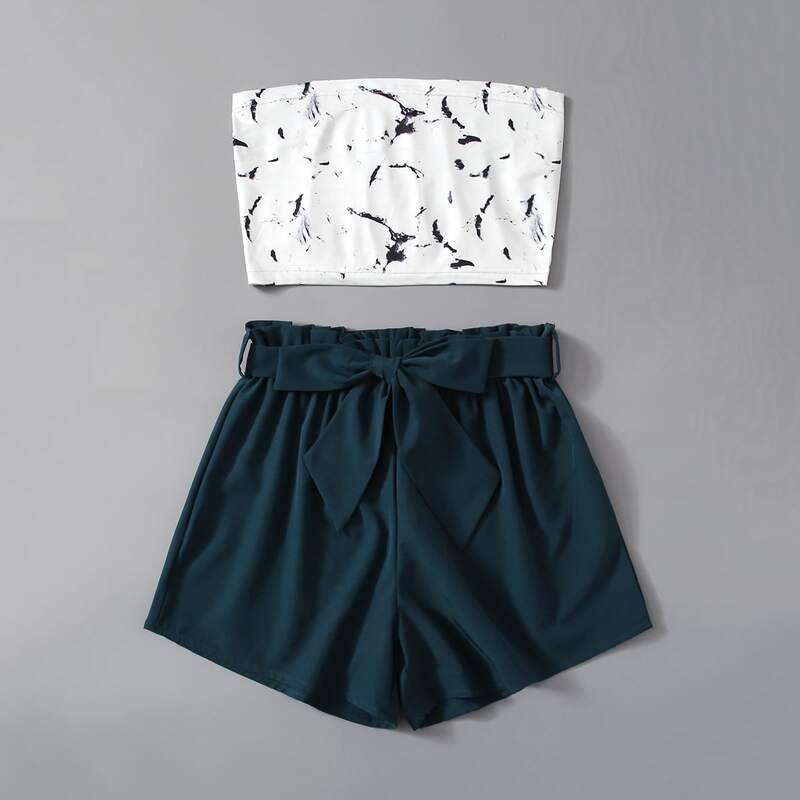 

Tie Dye Tube Top & Belted Shorts, Multicolor