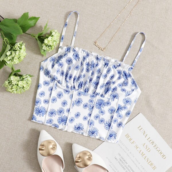 

Ruched Bust Seam Front Floral Print Cami Top, Blue and white