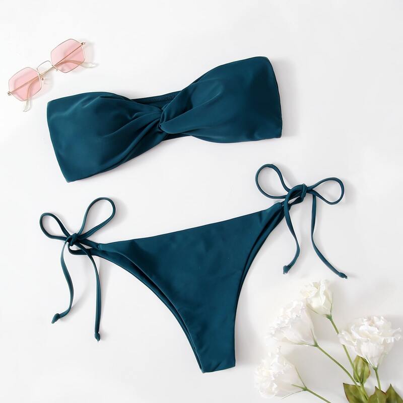 

Solid Knot Tie Side Bikini Swimsuit, Teal blue