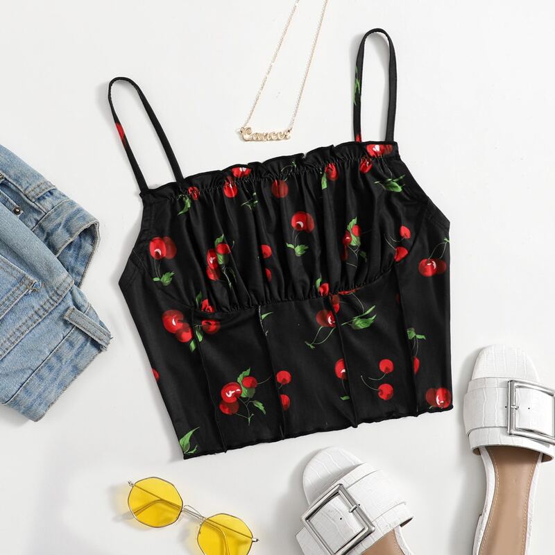 

Ruched Bust Seam Front Cherry Print Cami Top, Black