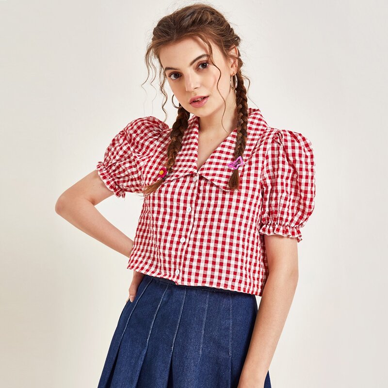 

Collared Puff Sleeve Gingham Blouse, Red and white