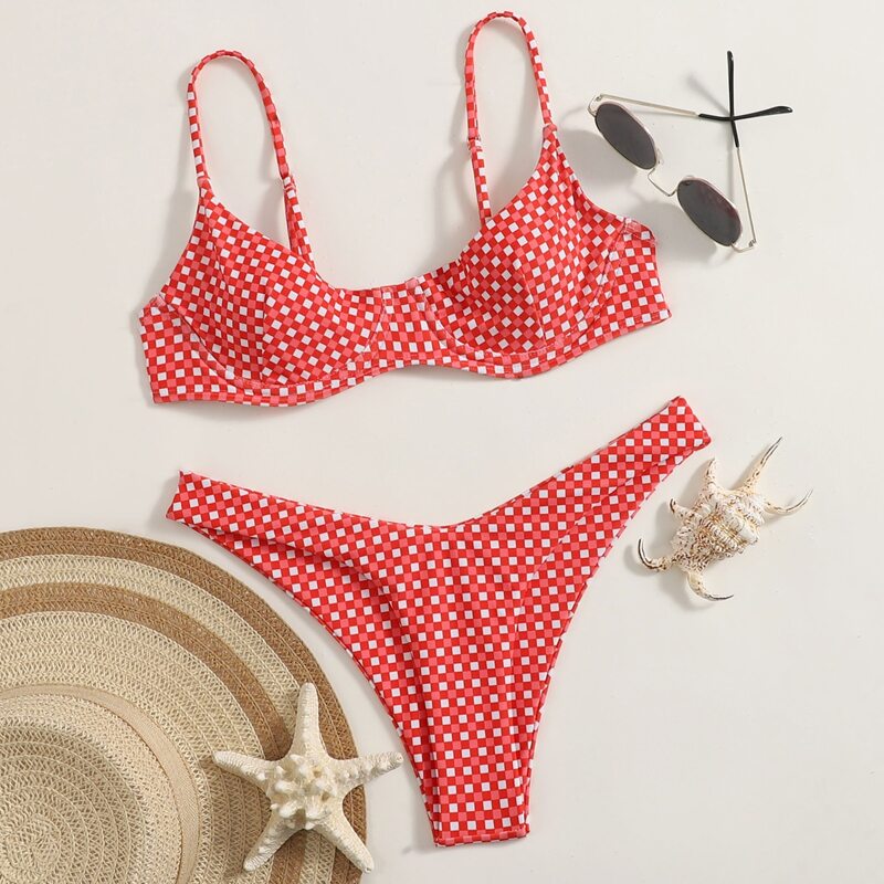 

Gingham Print High Cut Bikini Swimsuit, Red and white