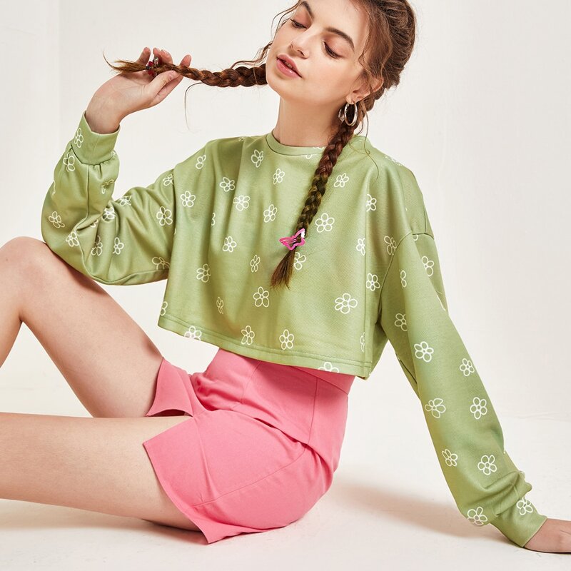 

Drop Shoulder Floral Print Pullover, Lime green
