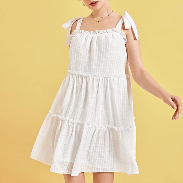 

Knot Strap Frill Trim Dress, White