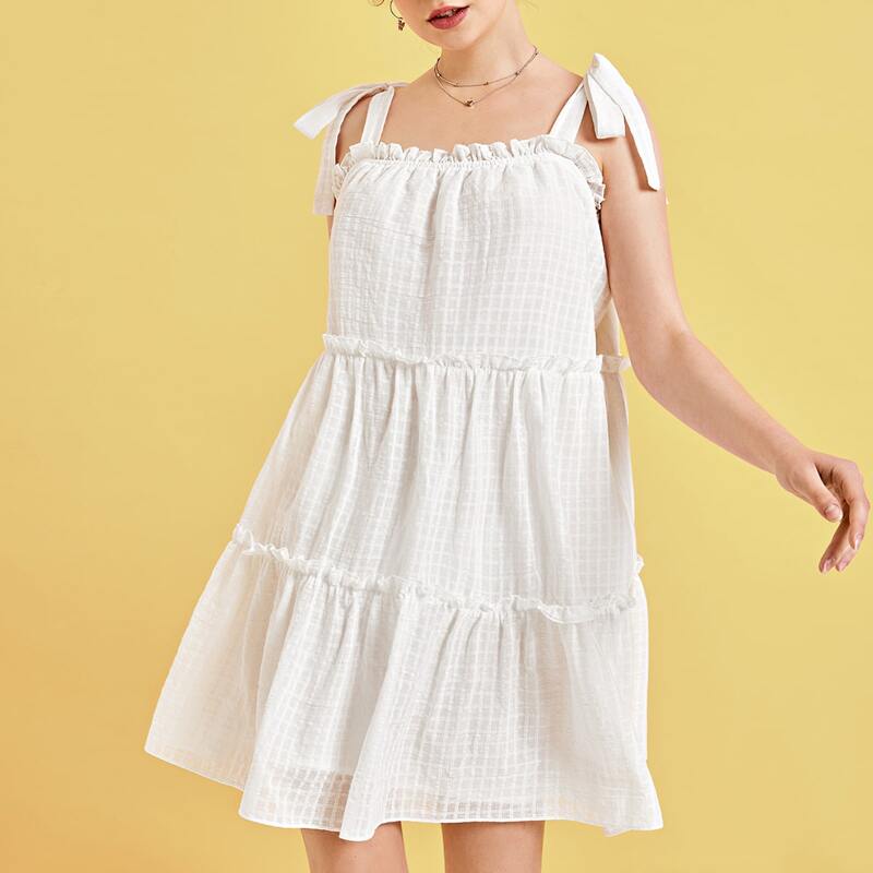 

Knot Strap Frill Trim Dress, White