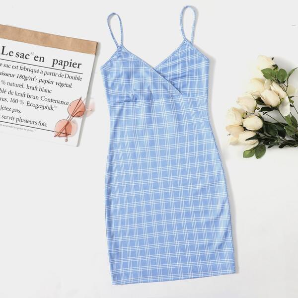 

Surplice Neck Plaid Dress, Baby blue