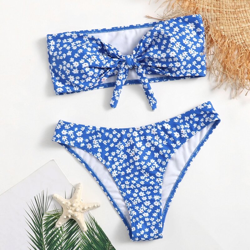 

Ditsy Flower Knot Bikini Swimsuit, Blue