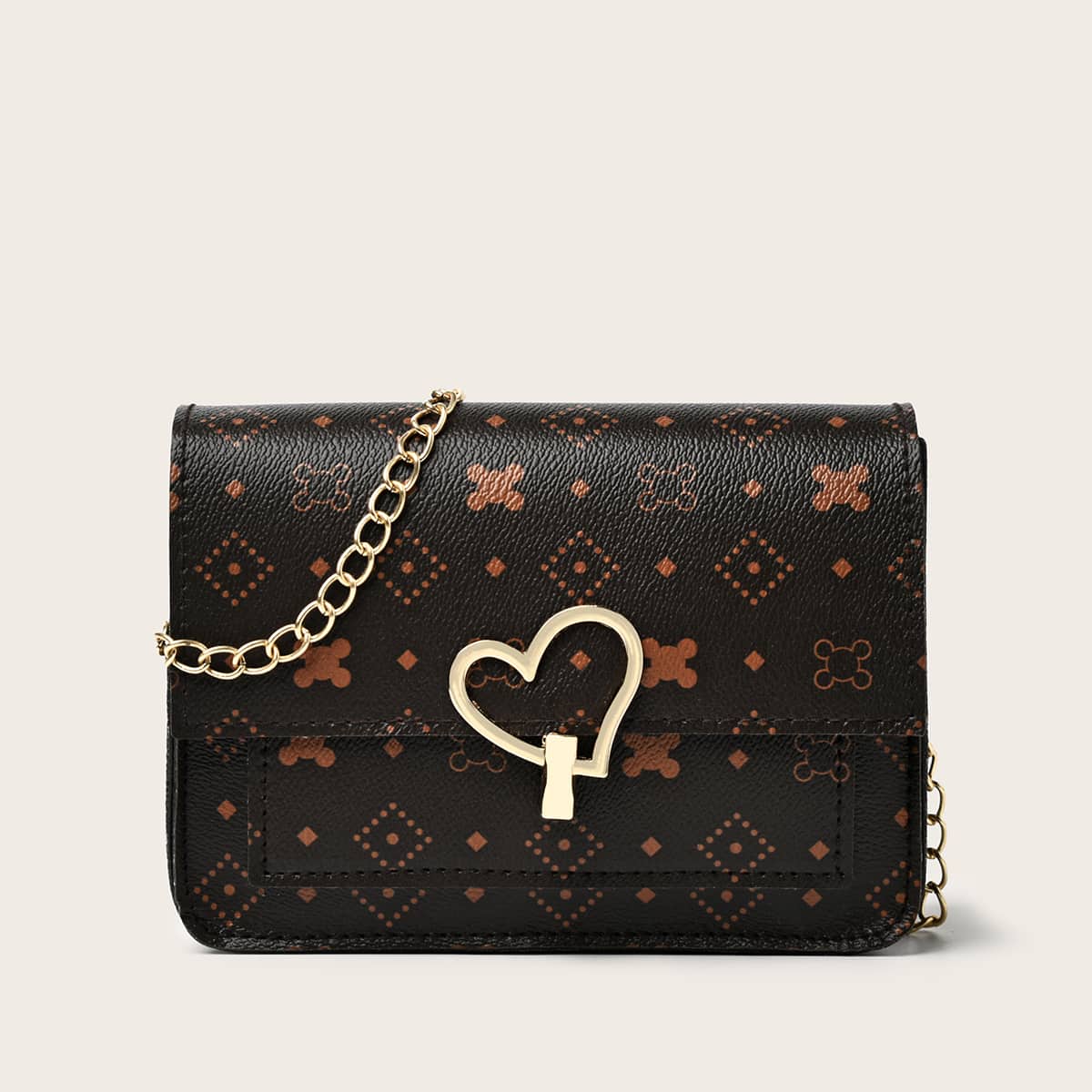 

Geometric Heart Buckle Chain Bag, Brown