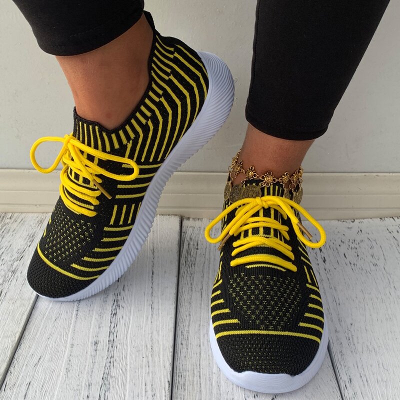 

Lace-up Front Striped Sneakers, Yellow