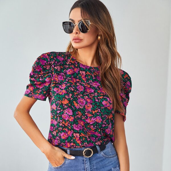 

Puff Sleeve Allover Floral Top, Multicolor