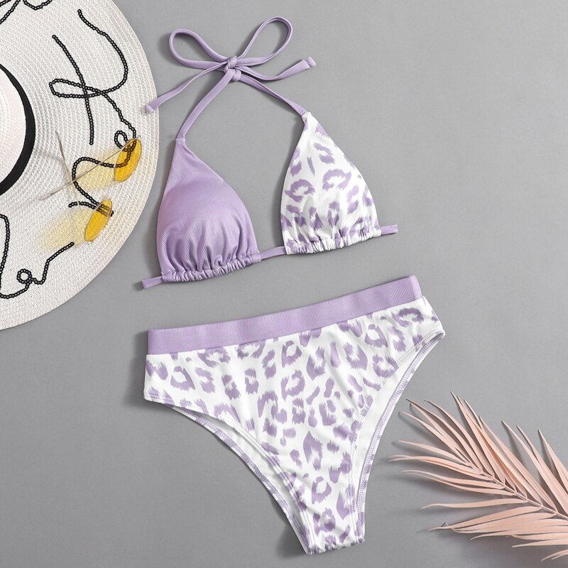 

Contrast Leopard Halter Bikini Swimsuit, Multicolor