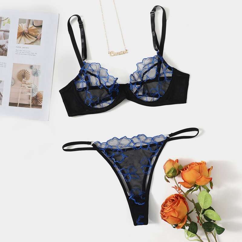 

Embroidered Mesh Underwire Lingerie Set, Black
