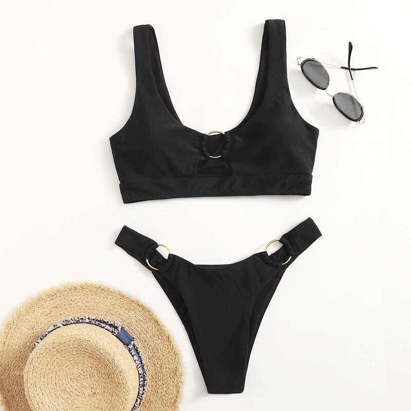 

Solid Ring Bikini Swimsuit, Black