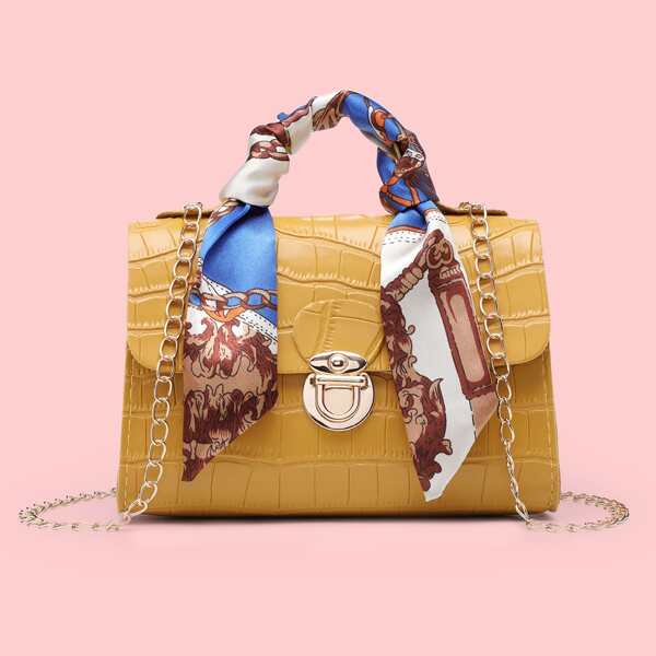 

Twilly Scarf Decor Croc Embossed Satchel Bag, Yellow
