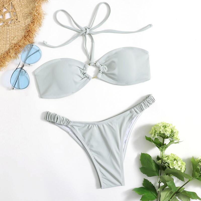 

Solid Ring Halter Bikini Swimsuit, Light grey