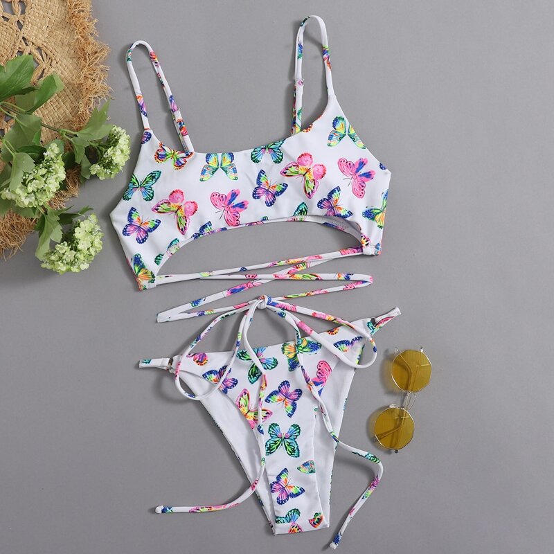 

Butterfly Print Cut Out Bikini Swimsuit, White
