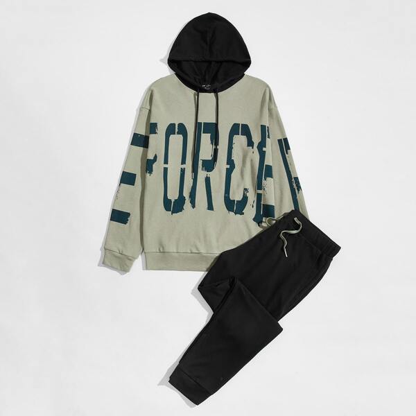 

Men Letter Graphic Hoodie & Sweatpants Set, Multicolor