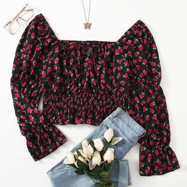 

Plus Tie Front Shirred Ditsy Floral Top, Multicolor