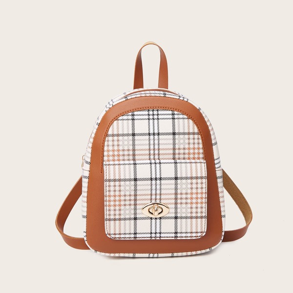 

Plaid Pattern Turn-Lock Backpack, Brown
