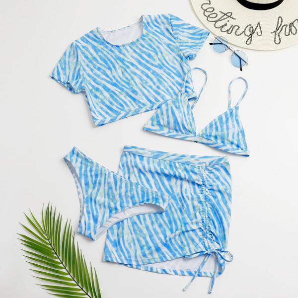 

4pack Zebra Striped Drawstring Side Bikini Swimsuit, Blue and white