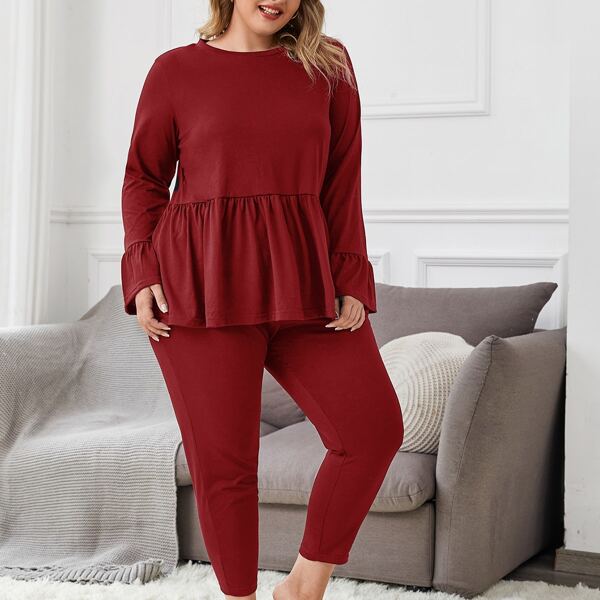 

Plus Ruffle Hem Tee With Pants PJ Set, Burgundy