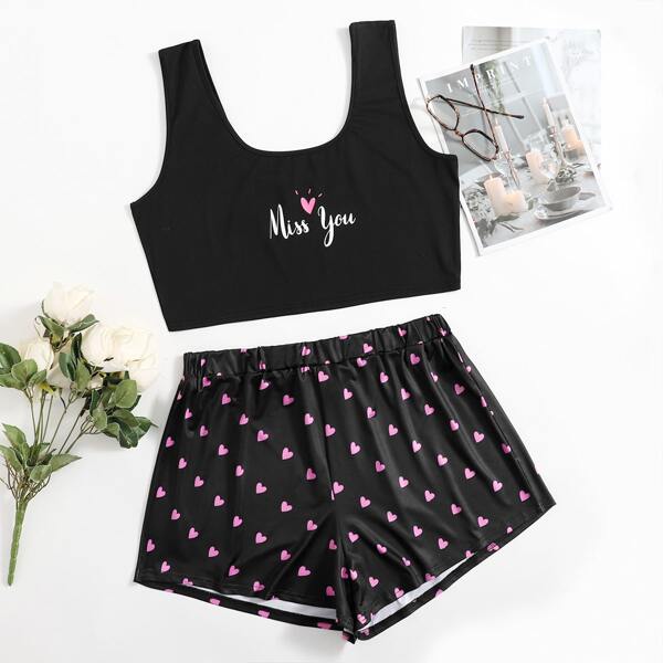 

Plus Heart And Slogan Graphic Pajama Set, Black