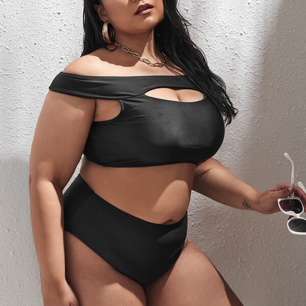 

Plus Cut Out Off Shoulder Bikini Swimsuit, Black