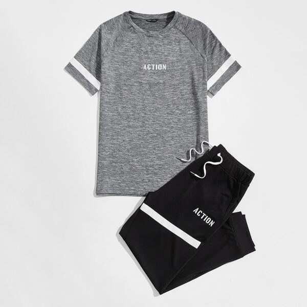 

Men Letter Graphic Tape Cuff Top & Sweatpants Set, Multicolor