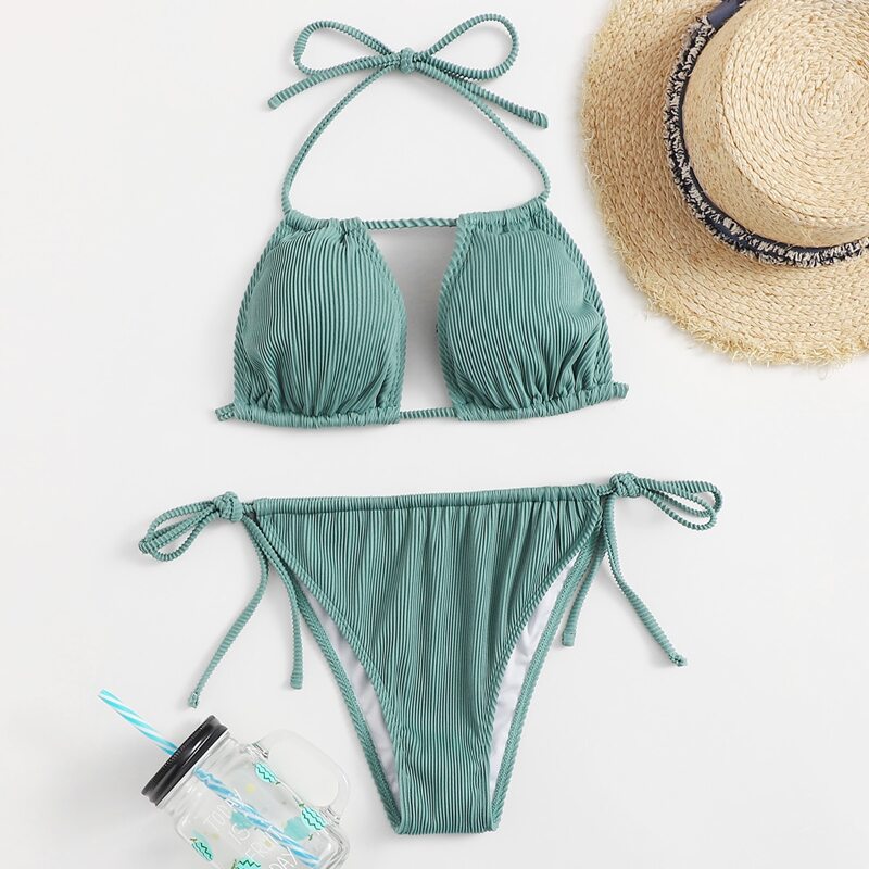 

Solid Halter Tie Side Bikini Swimsuit, Green