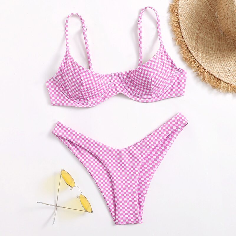 

Gingham Print High Cut Bikini Swimsuit, Pink