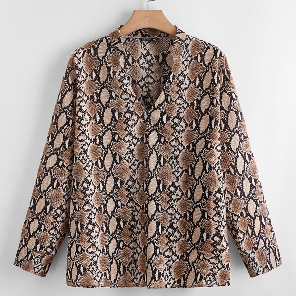 

Plus Snakeskin Print Notched Neck Blouse, Multicolor