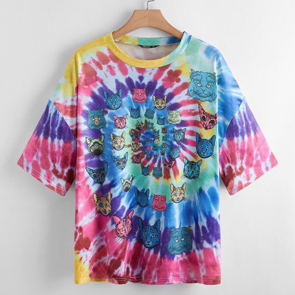

Plus Tie Dye Cat Print Tee, Multicolor