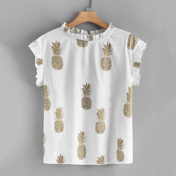 

Plus Pineapple Print Ruffle Trim Blouse, White