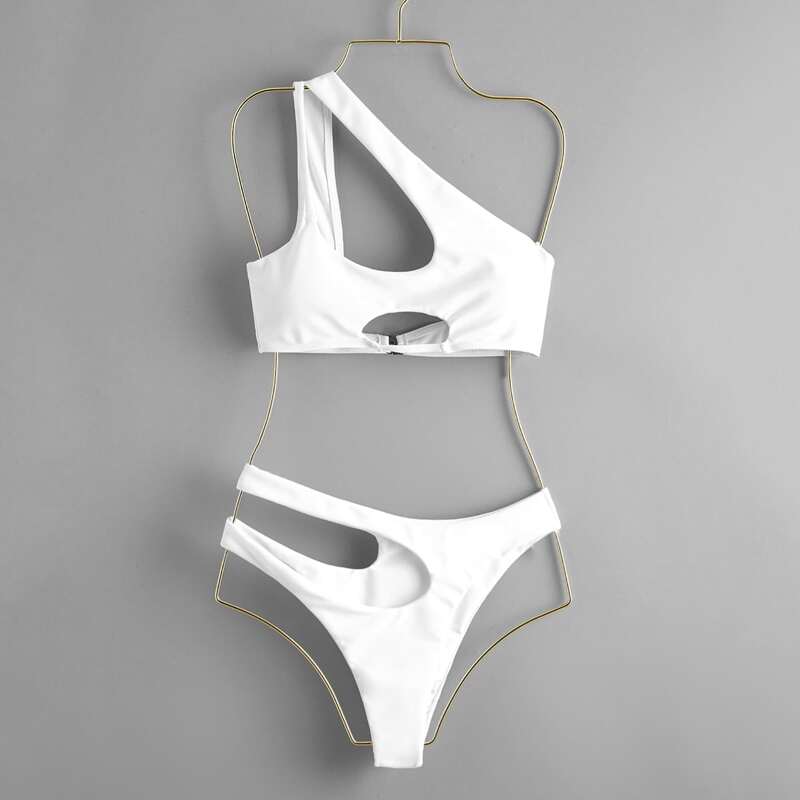 

Solid One Shoulder Cut Out Bikini Swimsuit, White