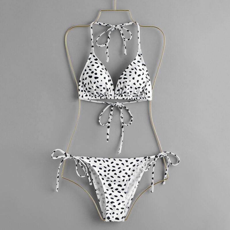 

Dalmatian Triangle Tie Side Bikini Swimsuit, Black and white