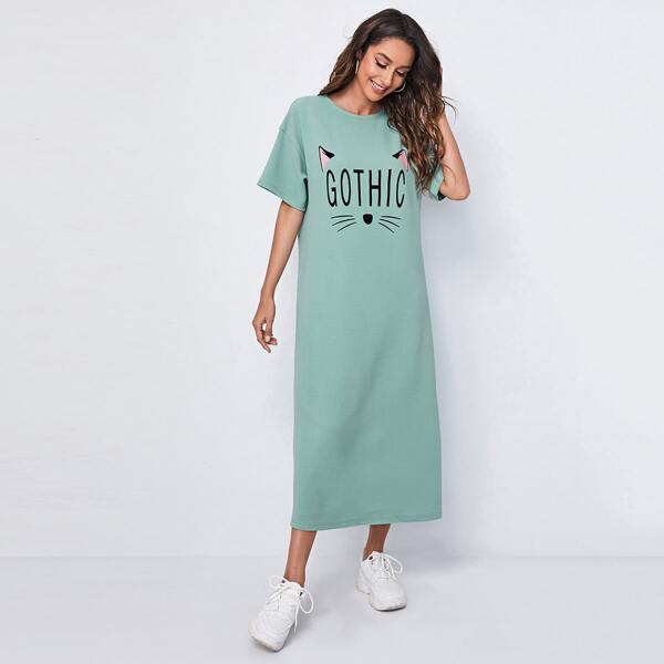 

Letter and Cartoon Graphic Dress, Mint green