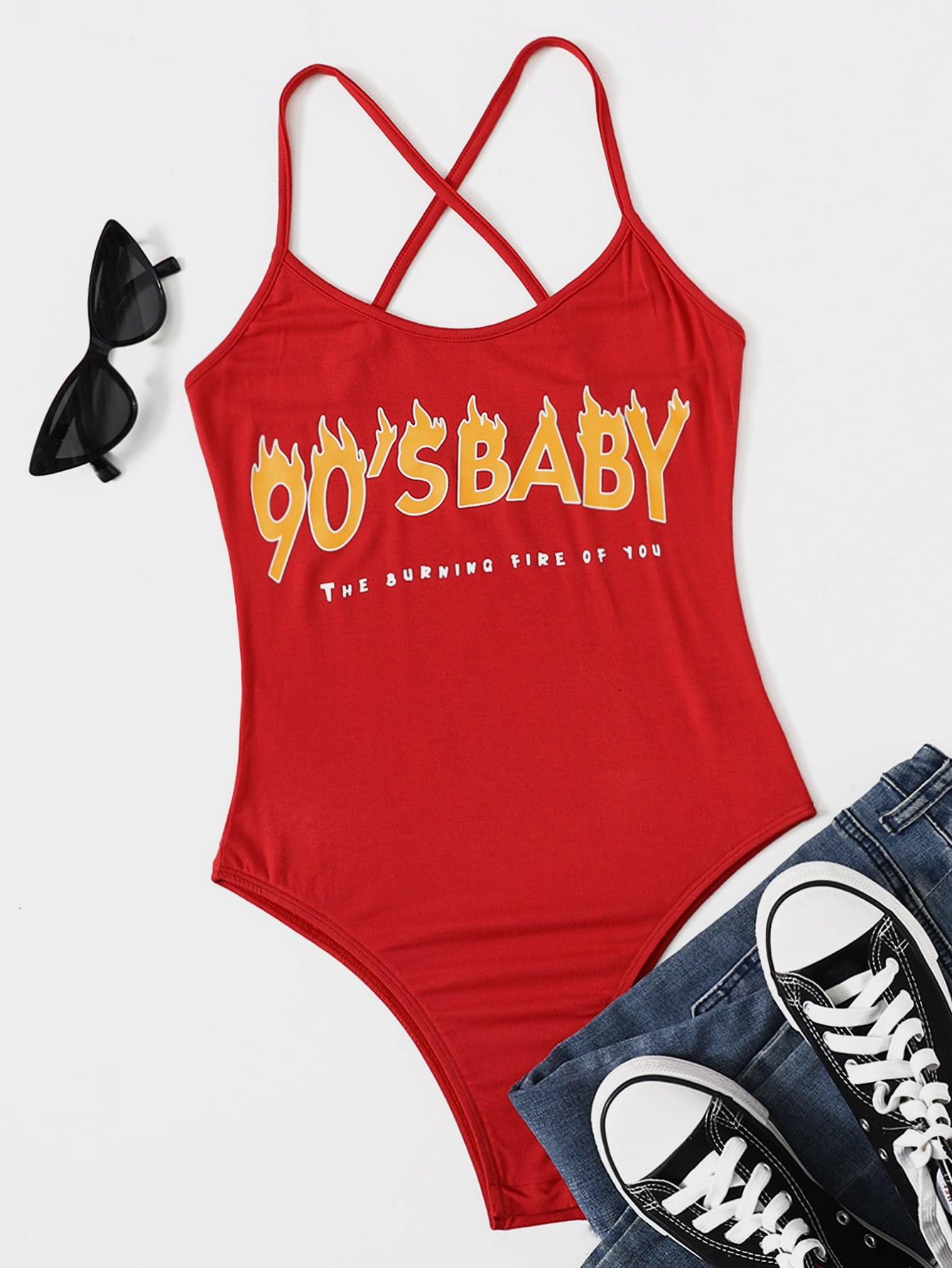 Crisscross Fire & Slogan Graphic Bodysuit thumbnail