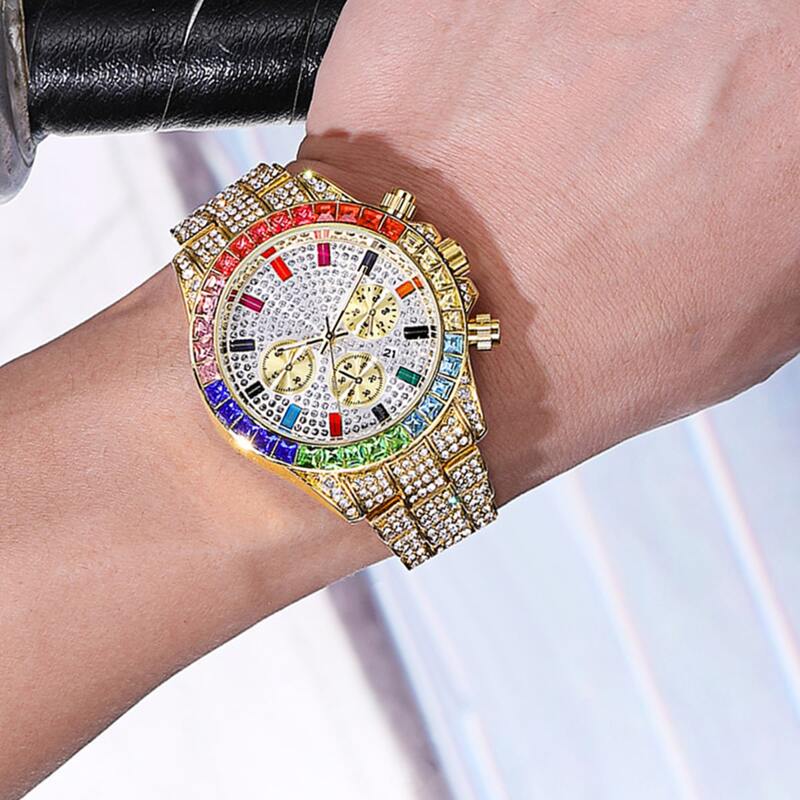 

1pc Guys Rhinestone Decor Round Pointer Date Quartz Watch