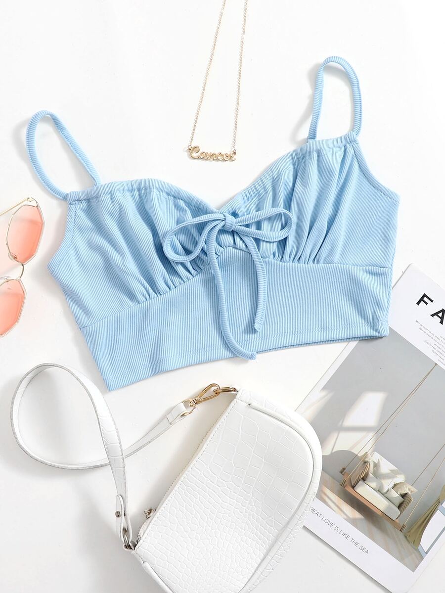 SHEIN 打褶打結短款吊帶上衣 - 淺藍色 - 查看 1